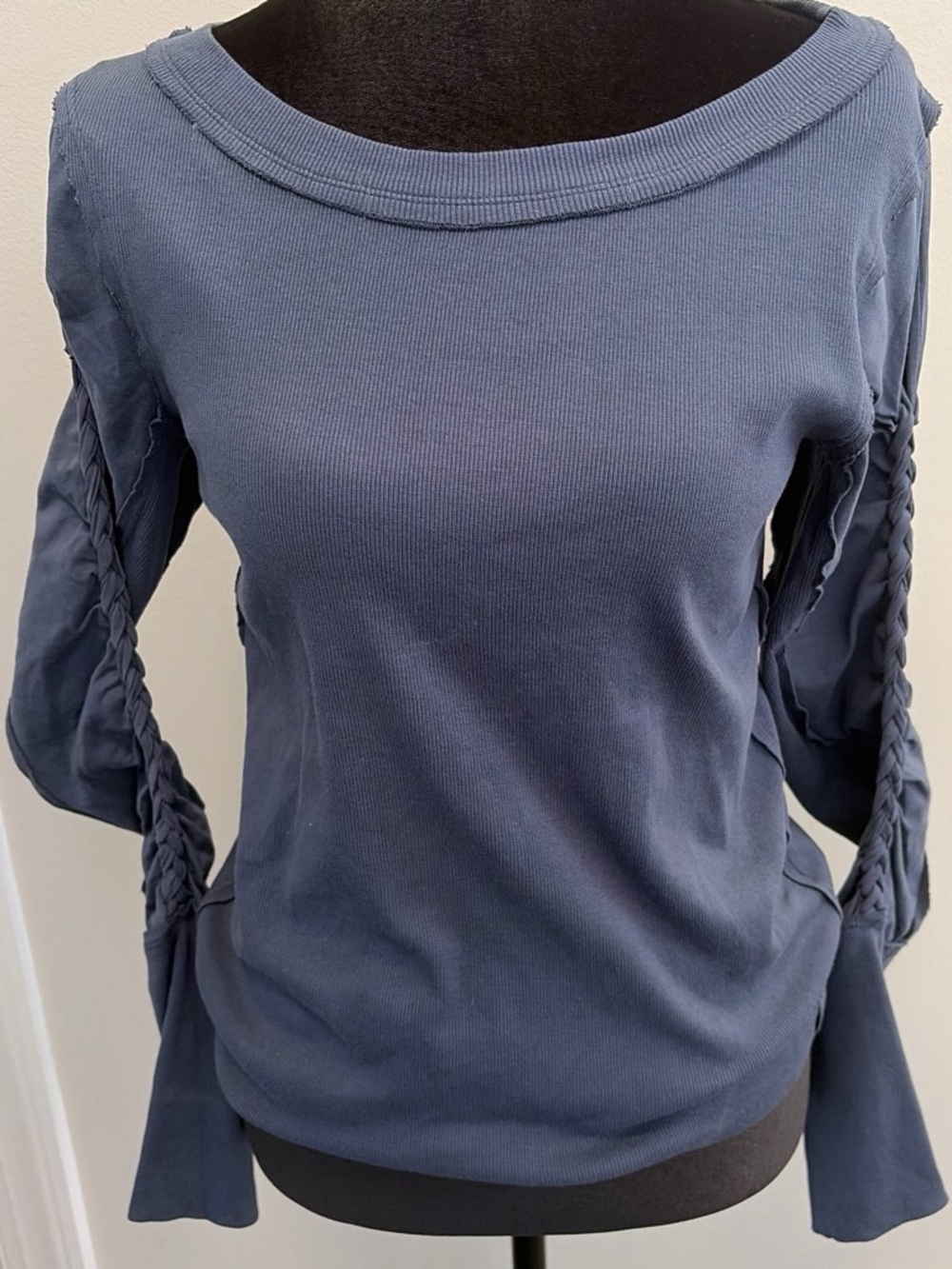 Free People We The Free Daisy Navy Blue Long Sleeve Top with Braided Sleeve